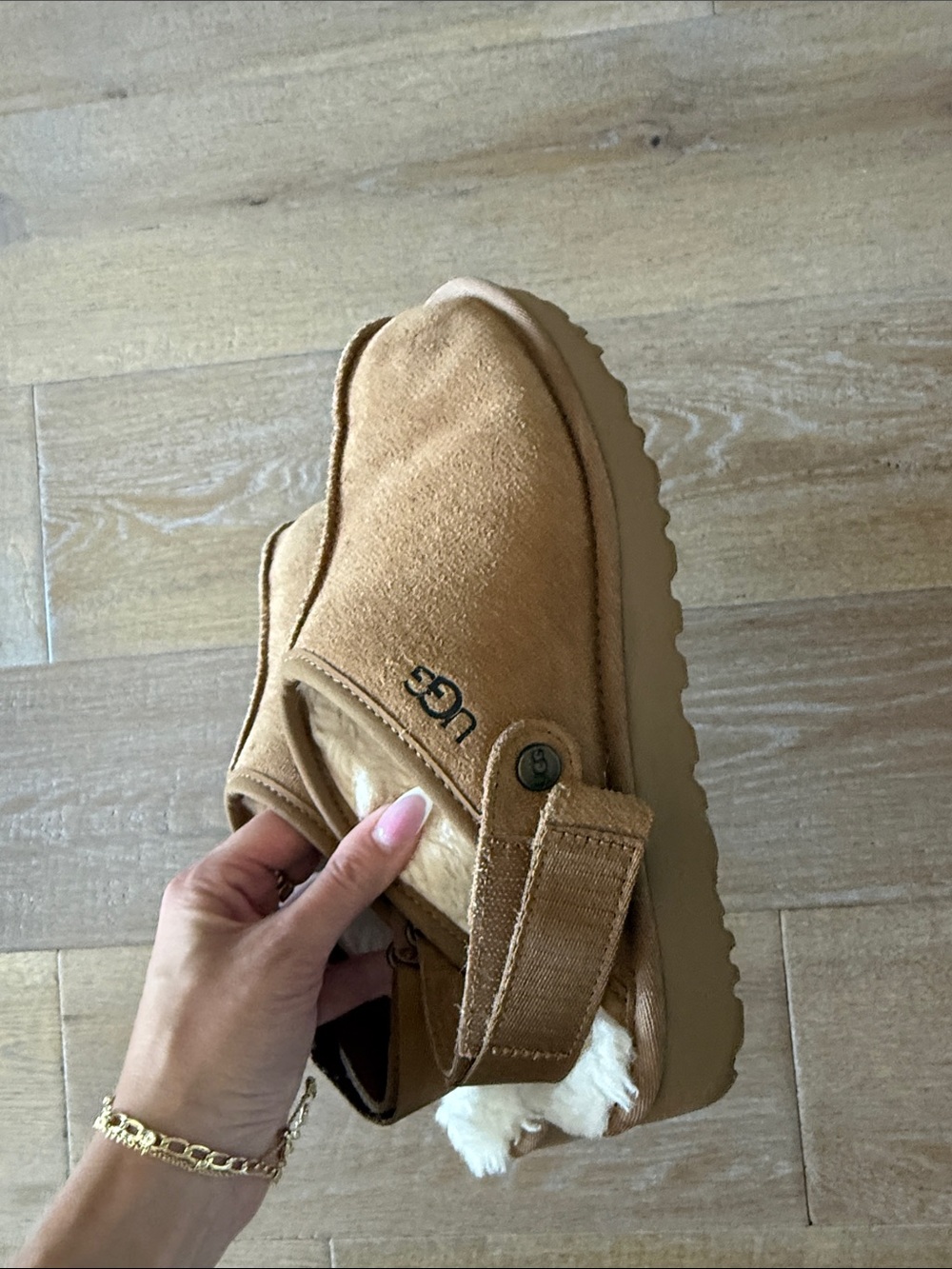 UGG Chestnut Suede Shearling Clog with Back Strap - Picture 3 of 4